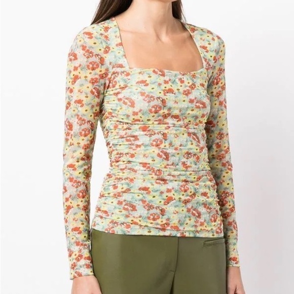 Ganni Top Printed Mesh Ruched Blouse Long Floral Sheer Meadow Celadon 42 NWT - Picture 8 of 8